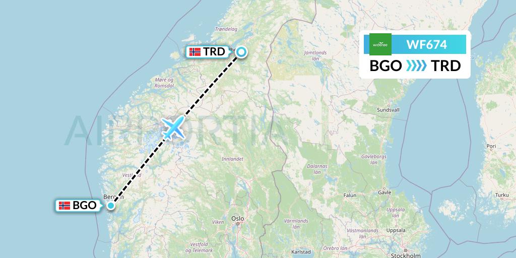 WF674 Wideroe Flight Map: Bergen to Trondheim