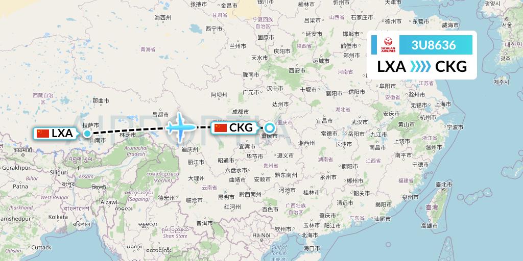 3U8636 Sichuan Airlines Flight Map: Lhasa to Chongqing