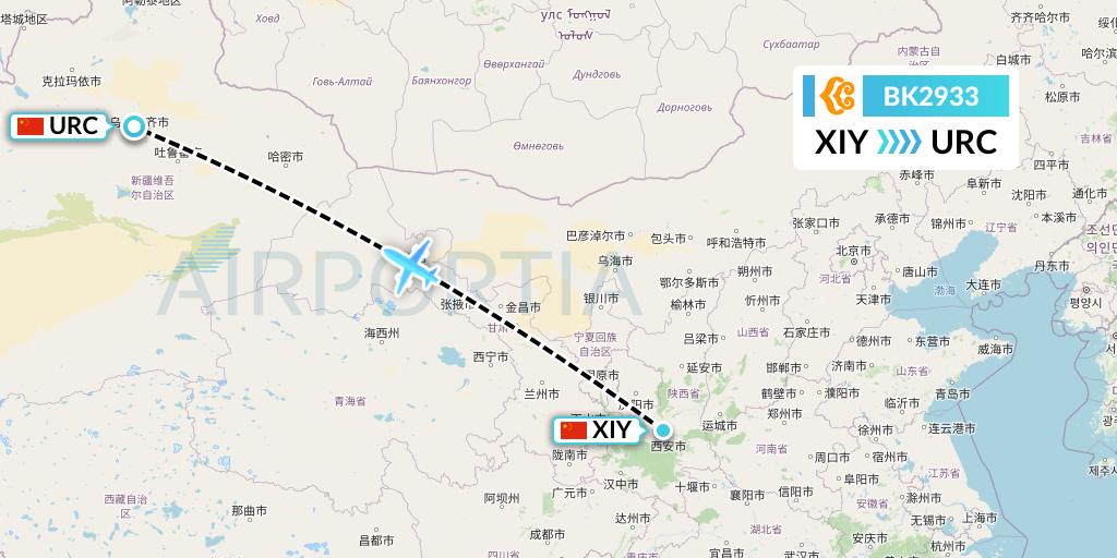 BK2933 Okay Airways Flight Map: Xi'an to Urumqi