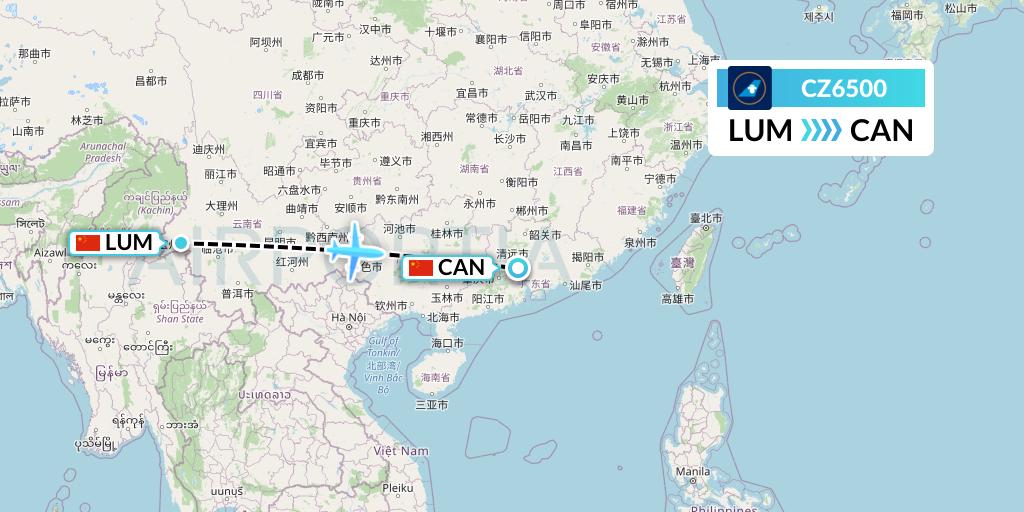 CZ6500 China Southern Airlines Flight Map: Mangshi to Guangzhou