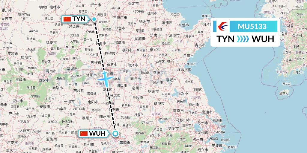 MU5133 China Eastern Airlines Flight Map: Taiyuan to Wuhan