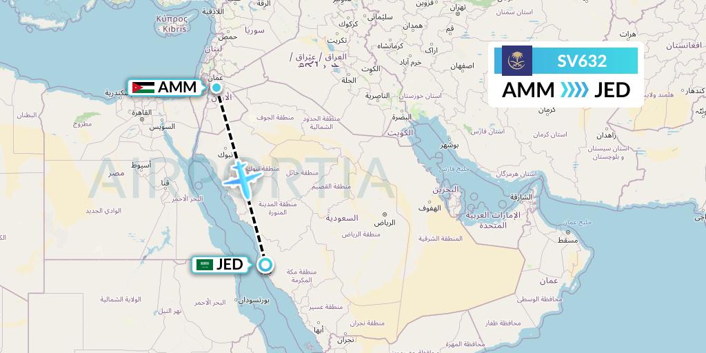 SV632 Saudi Arabian Airlines Flight Map: Amman to Jeddah