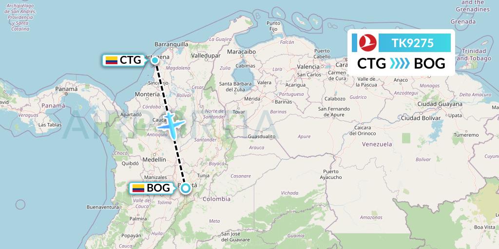 TK9275 Turkish Airlines Flight Map: Cartagena to Bogota