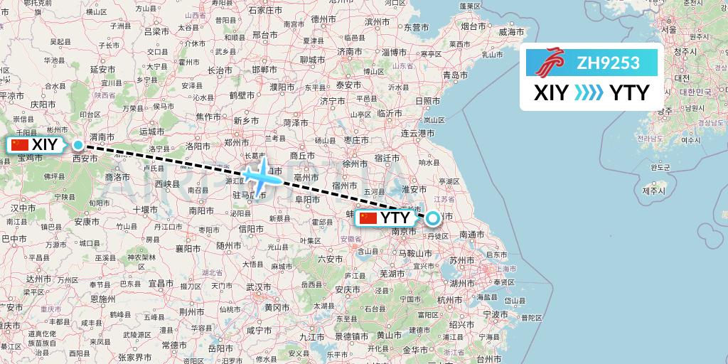 ZH9253 Shenzhen Airlines Flight Map: Xi'an to Yangzhou