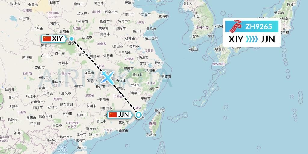 ZH9265 Shenzhen Airlines Flight Map: Xi'an to Jinjiang