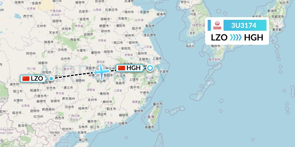 3U3174 Sichuan Airlines Flight Map: Luzhou to Hangzhou