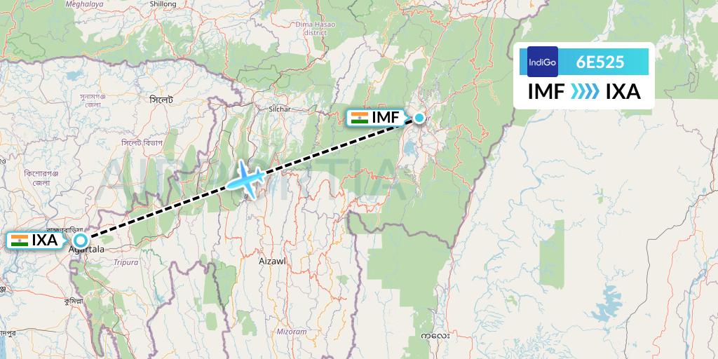 6E525 IndiGo Airlines Flight Map: Imphal to Agartala