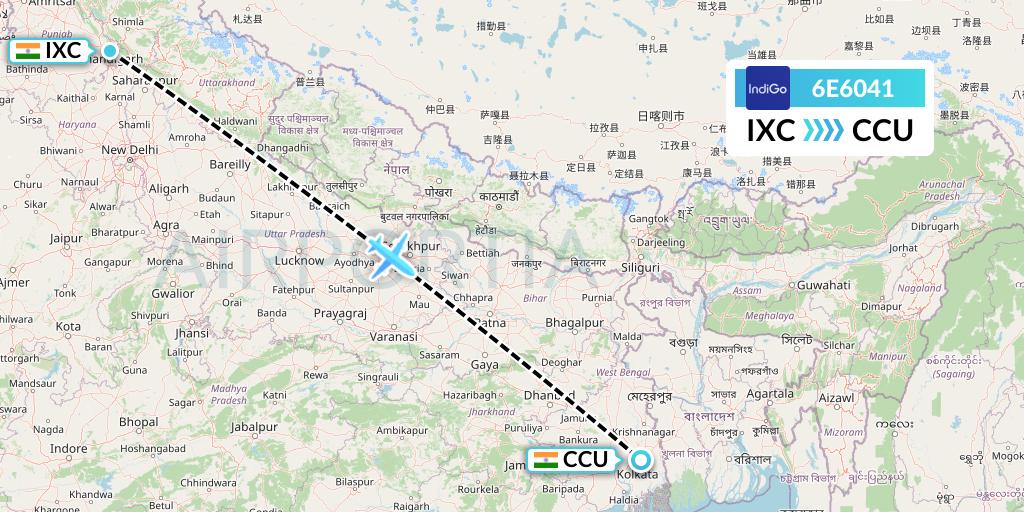 6E6041 IndiGo Airlines Flight Map: Chandigarh to Kolkata