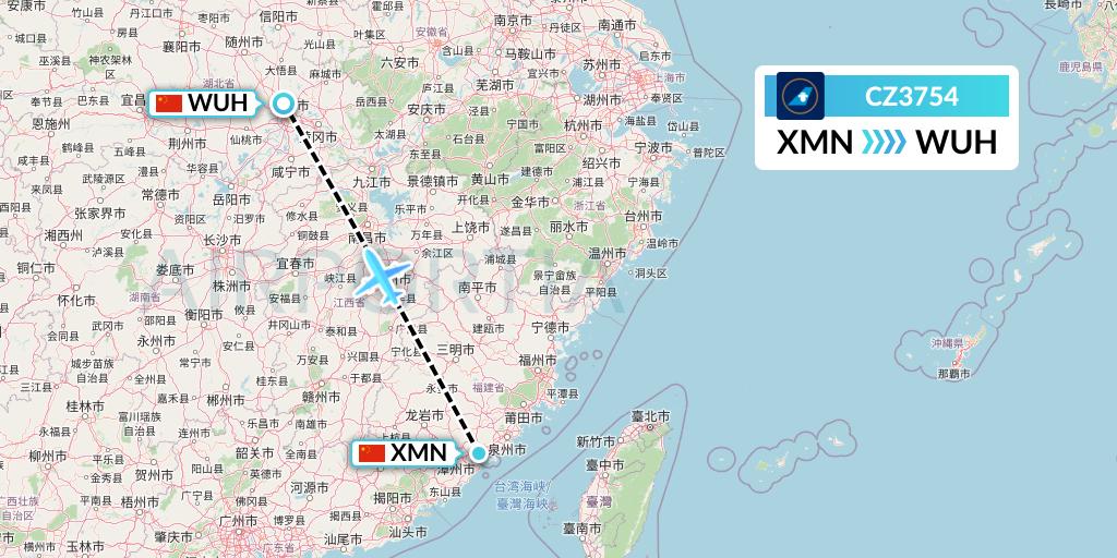 CZ3754 China Southern Airlines Flight Map: Xiamen to Wuhan