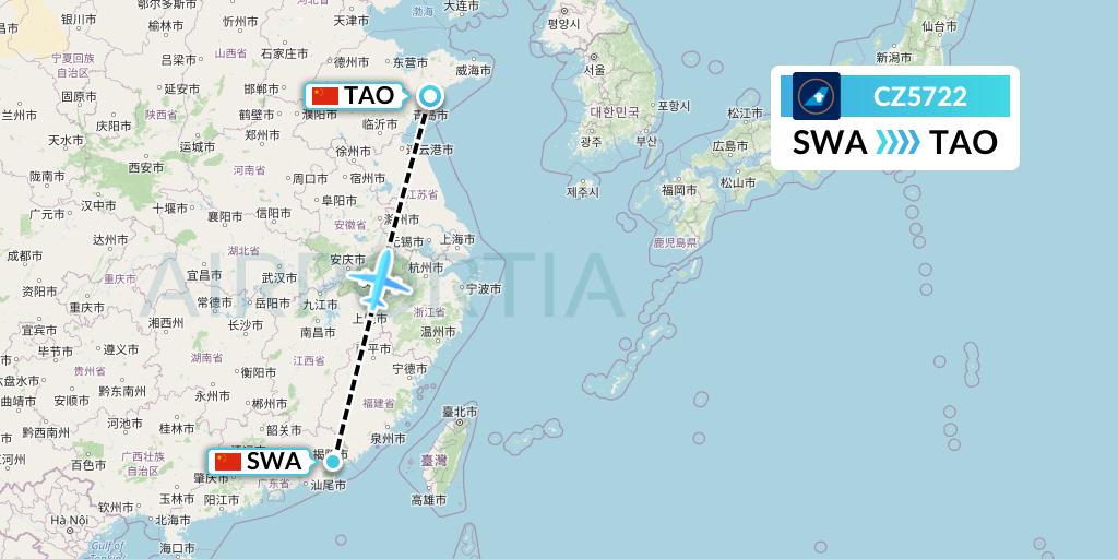 CZ5722 China Southern Airlines Flight Map: Jieyang to Qingdao