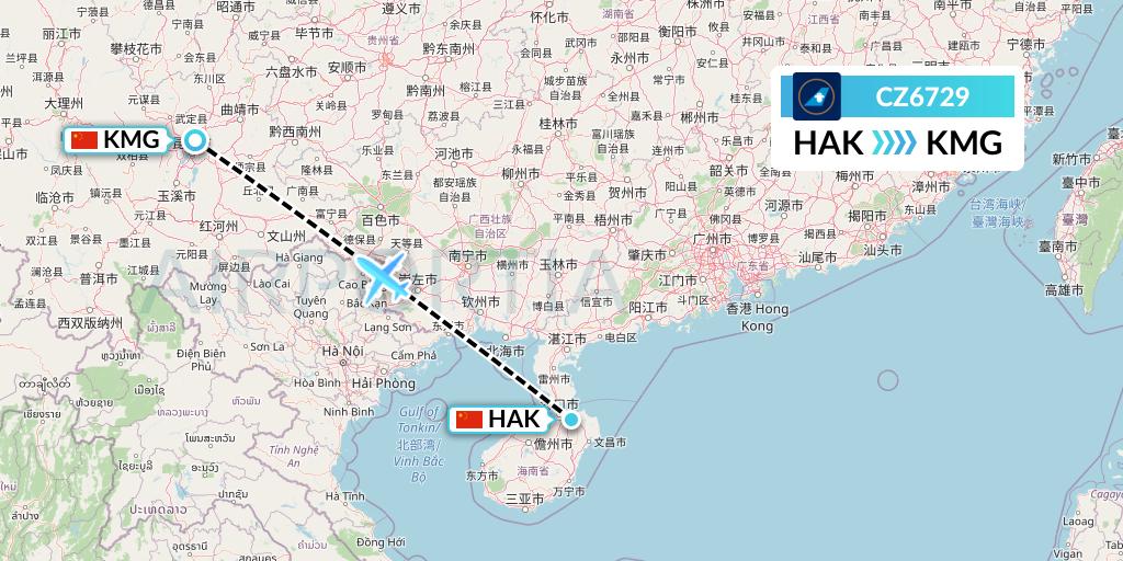 CZ6729 China Southern Airlines Flight Map: Haikou to Kunming