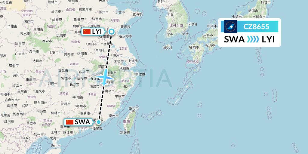 CZ8655 China Southern Airlines Flight Map: Jieyang to Linyi