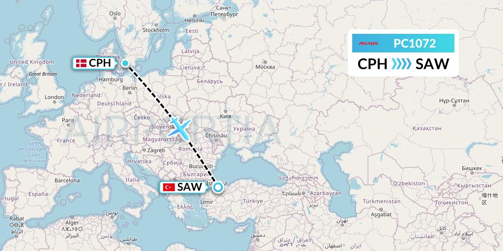 PC1072 Pegasus Airlines Flight Map: Copenhagen to Istanbul