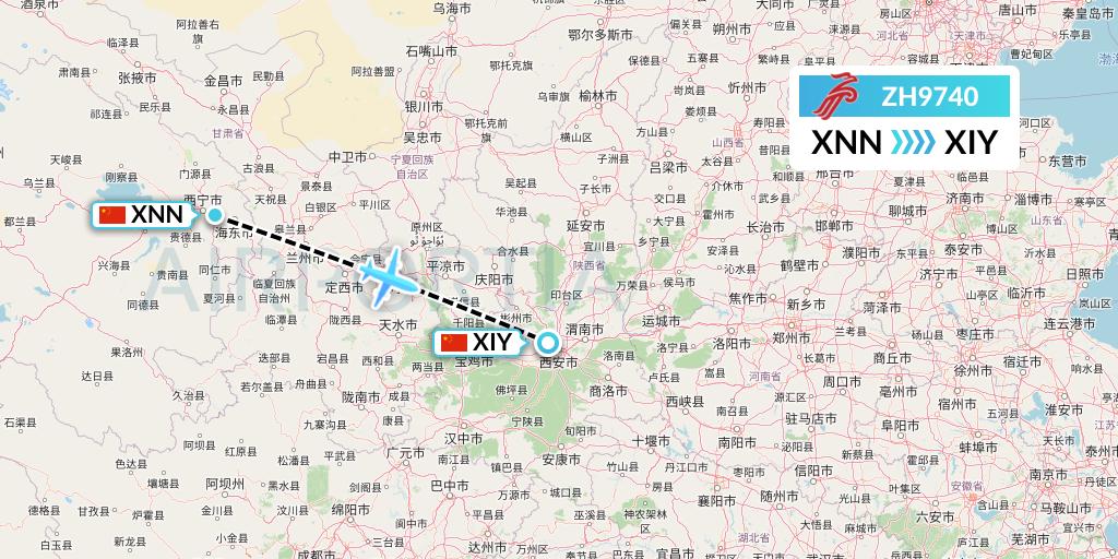 ZH9740 Shenzhen Airlines Flight Map: Xining to Xi'an