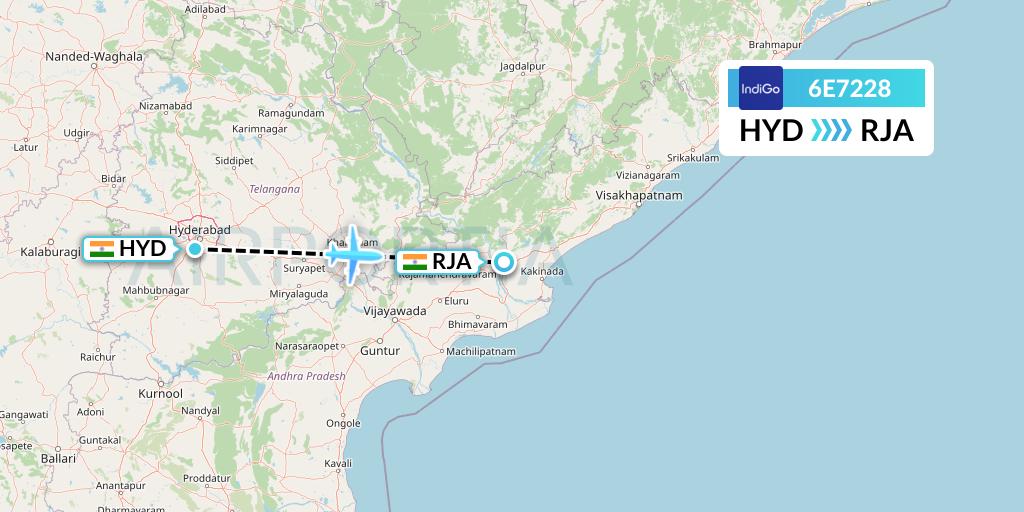 6E7228 IndiGo Airlines Flight Map: Hyderabad to Rajahmundry