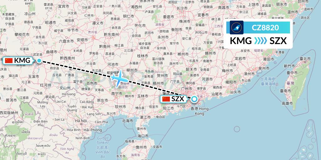 CZ8820 China Southern Airlines Flight Map: Kunming to Shenzhen
