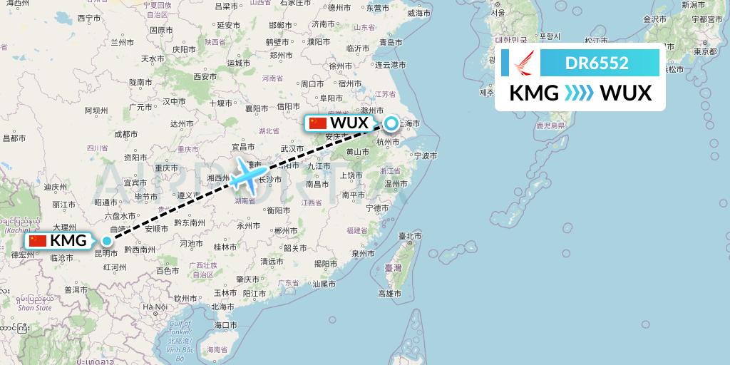 DR6552 Ruili Airlines Flight Map: Kunming to Wuxi