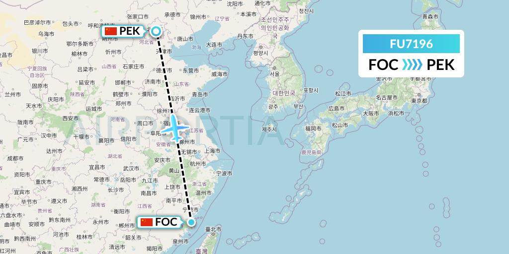 FU7196 Fuzhou Airlines Flight Map: Fuzhou to Beijing
