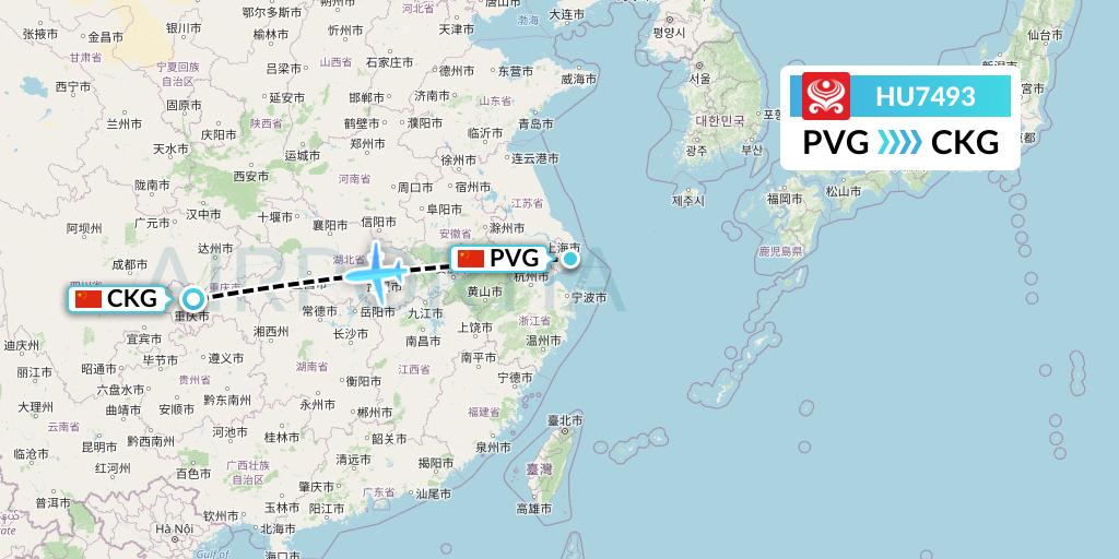 HU7493 Hainan Airlines Flight Map: Shanghai to Chongqing
