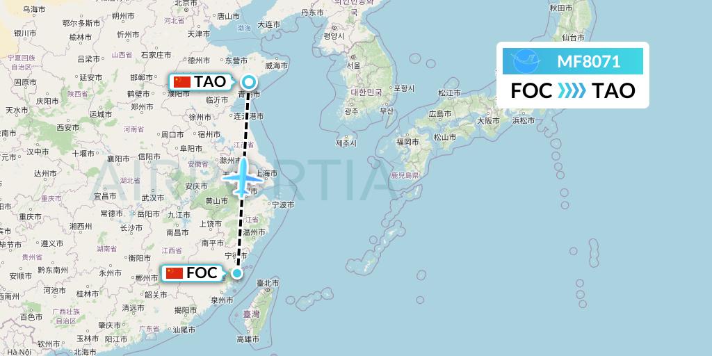 MF8071 Xiamen Airlines Flight Map: Fuzhou to Qingdao