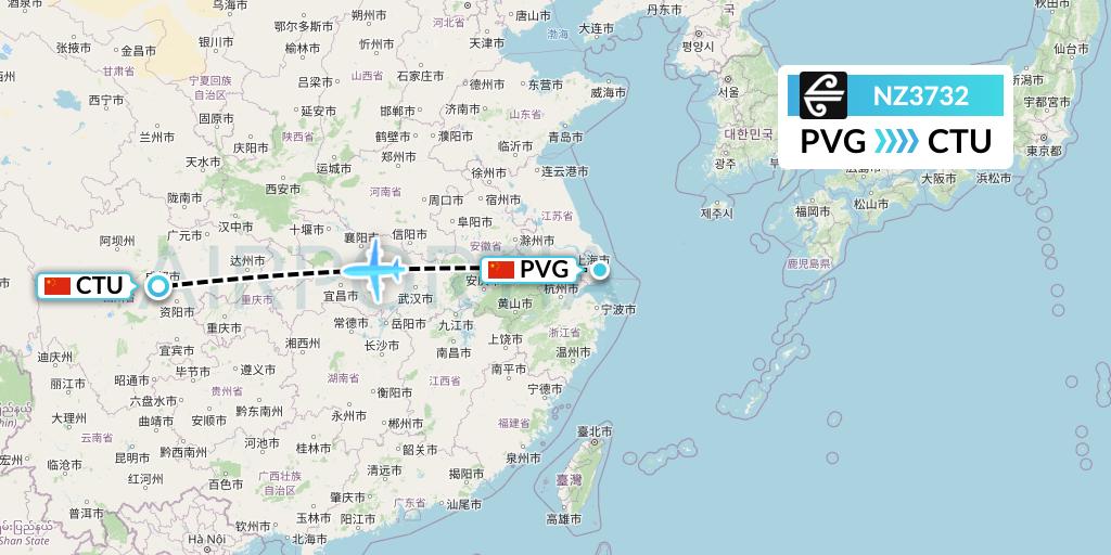 NZ3732 Air New Zealand Flight Map: Shanghai to Chengdu