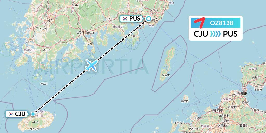 OZ8138 Asiana Airlines Flight Map: Jeju to Busan