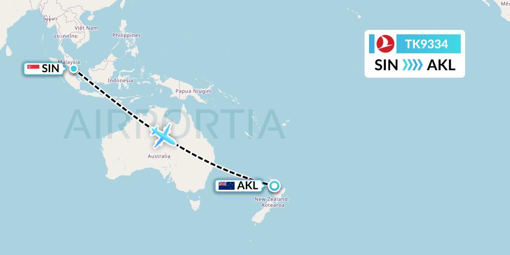 TK9334 Turkish Airlines Flight Map: Singapore to Auckland
