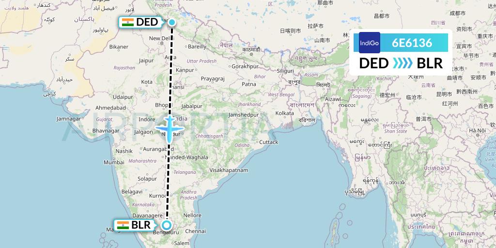 6E6136 IndiGo Airlines Flight Map: Dehradun to Bangalore