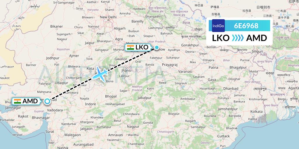 6E6968 IndiGo Airlines Flight Map: Lucknow to Ahmedabad