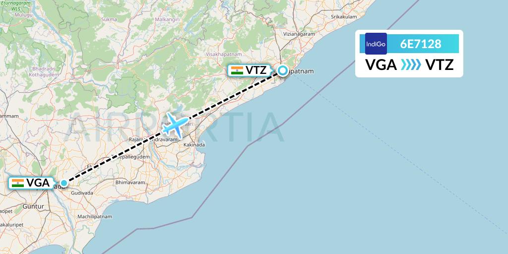 6E7128 IndiGo Airlines Flight Map: Vijayawada to Visakhapatnam