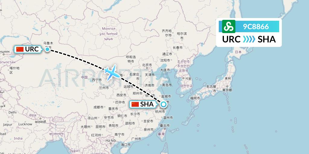 9C8866 Spring Airlines Flight Map: Urumqi to Shanghai