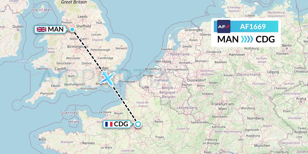AF1669 Air France Flight Map: Manchester to Paris