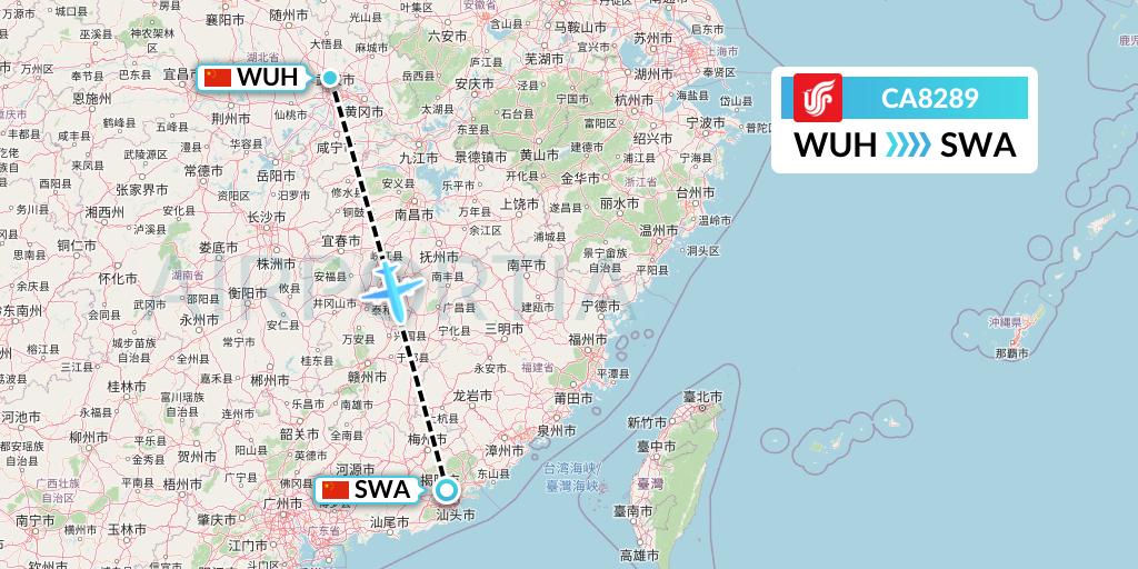CA8289 Air China Flight Map: Wuhan to Jieyang