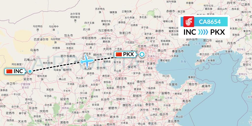 CA8654 Air China Flight Map: Yinchuan to Beijing