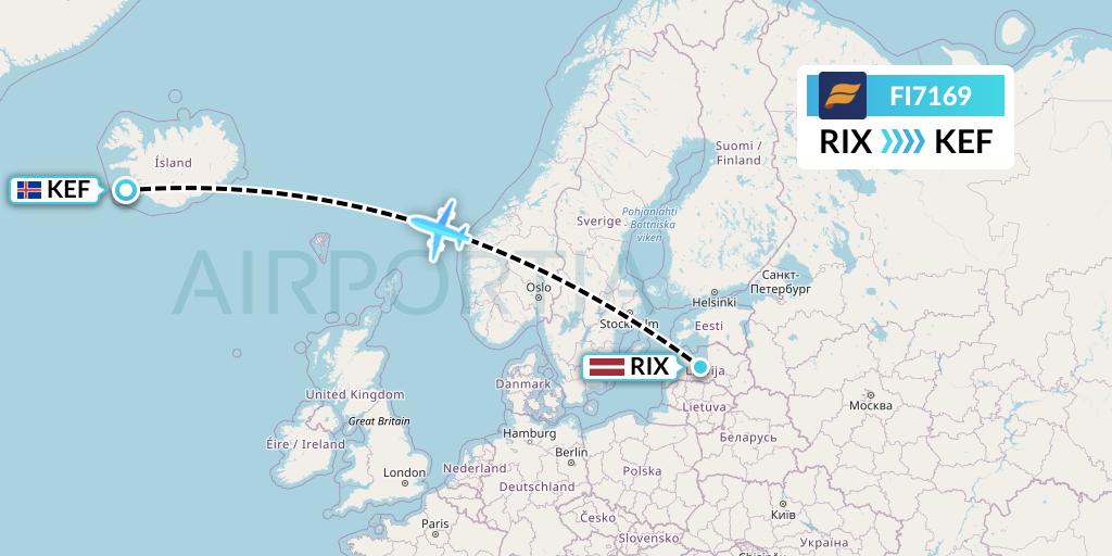 FI7169 Icelandair Flight Map: Riga to Reykjavik