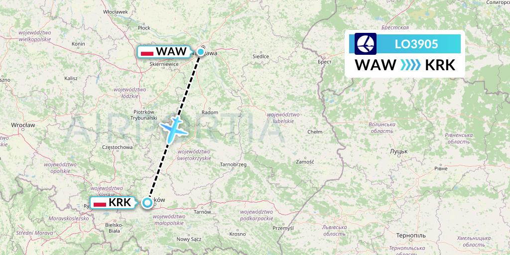LO3905 LOT Flight Map: Warsaw to Krakow