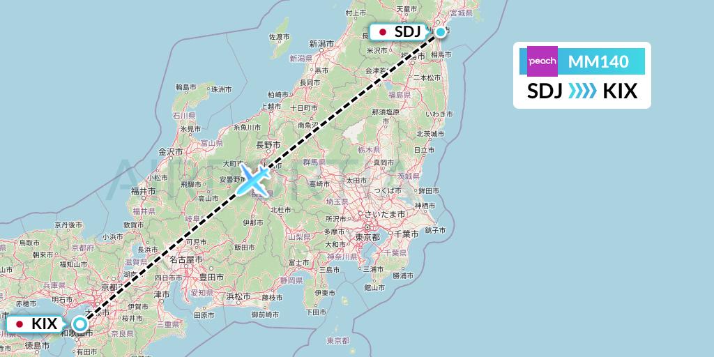 MM140 Peach Aviation Flight Map: Sendai to Osaka