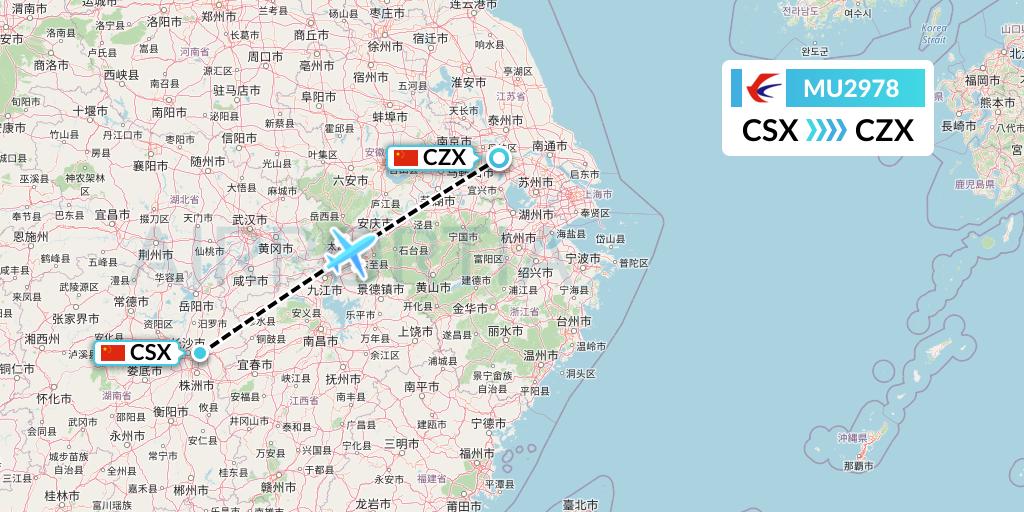 MU2978 China Eastern Airlines Flight Map: Changsha to Changzhou