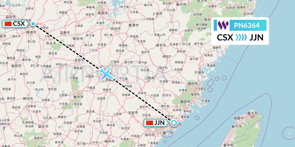 PN6364 China West Air Flight Map: Changsha to Jinjiang