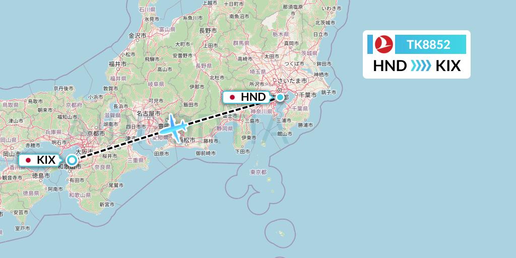 TK8852 Turkish Airlines Flight Map: Tokyo to Osaka
