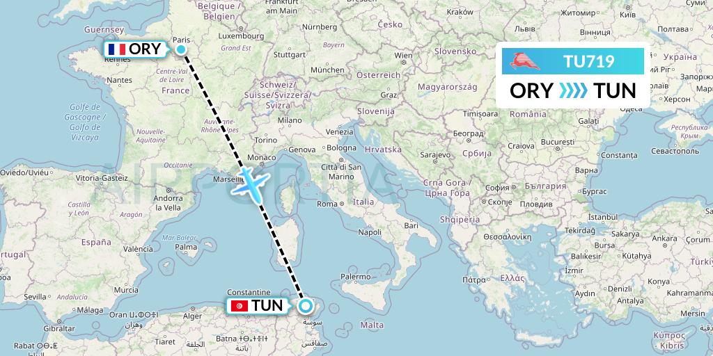 TU719 Tunisair Flight Map: Paris to Tunis