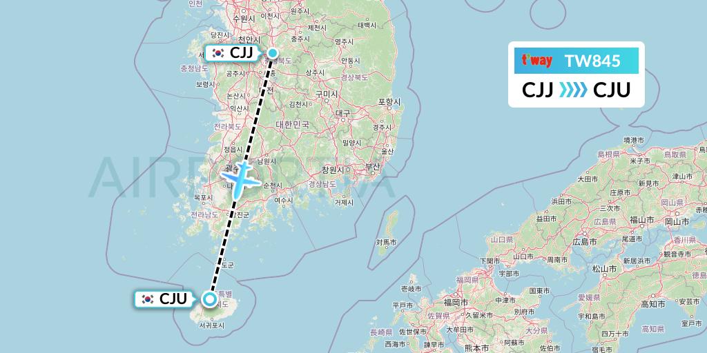 TW845 T'way Air Flight Map: Cheongju to Jeju