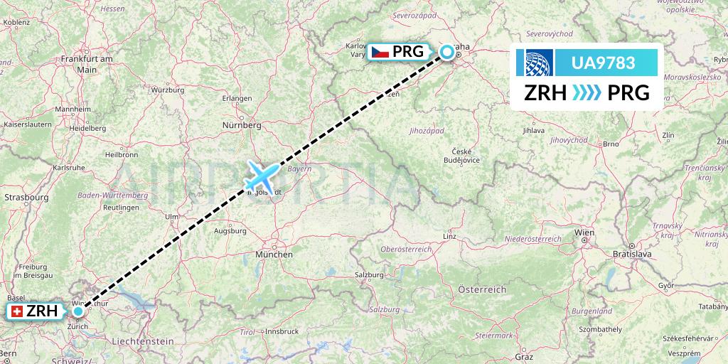 UA9783 United Airlines Flight Map: Zurich to Prague