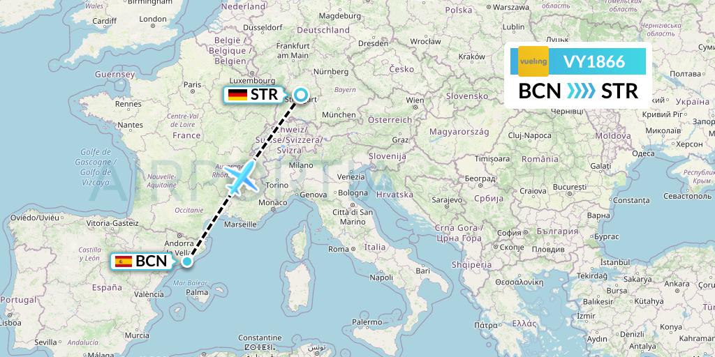 VY1866 Vueling Flight Map: Barcelona to Stuttgart
