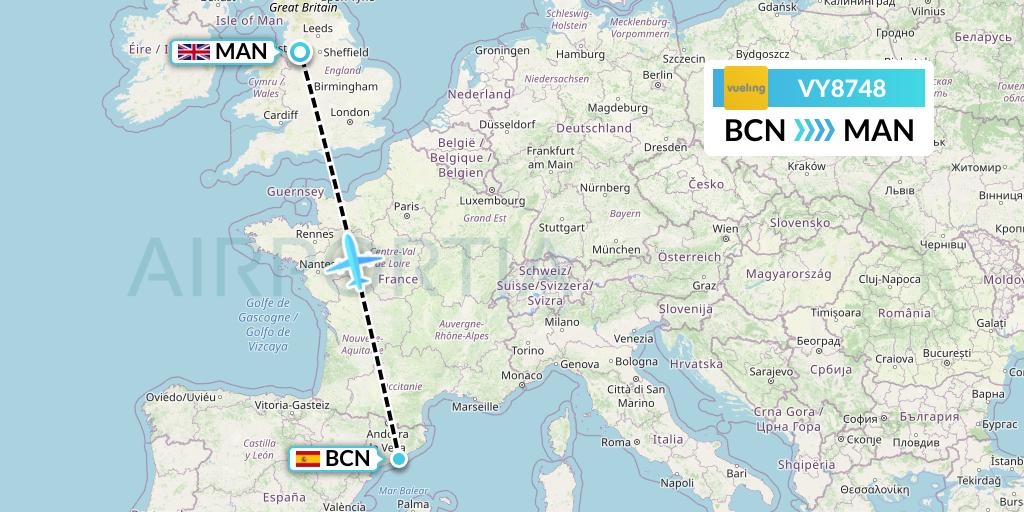 VY8748 Vueling Flight Map: Barcelona to Manchester