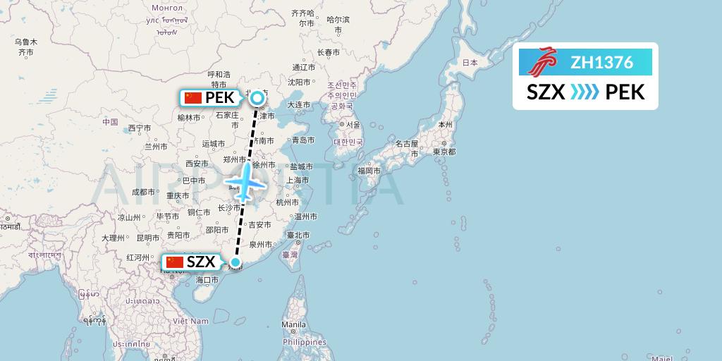 ZH1376 Shenzhen Airlines Flight Map: Shenzhen to Beijing