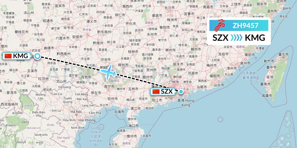 ZH9457 Shenzhen Airlines Flight Map: Shenzhen to Kunming