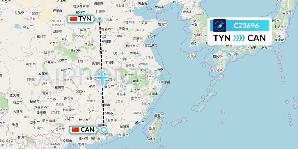 CZ3696 China Southern Airlines Flight Map: Taiyuan to Guangzhou