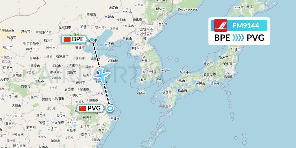 FM9144 Shanghai Airlines Flight Map: Qinhuangdao to Shanghai