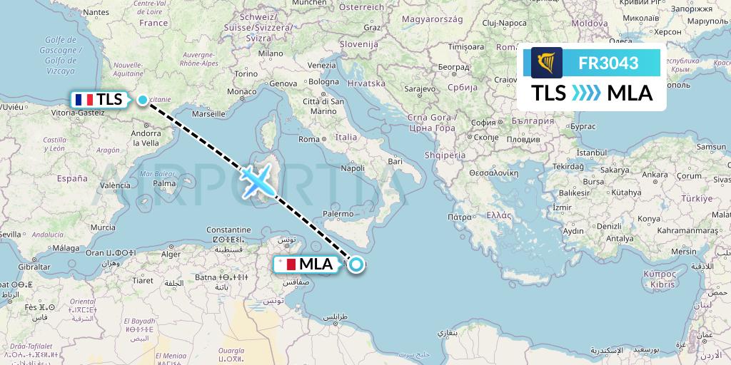 FR3043 Ryanair Flight Map: Toulouse to Malta